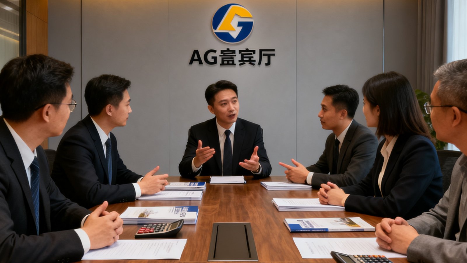 AG贵宾厅商务团队在会议室向企业客户代表讲解批量采购优惠政策，会议桌上摆放着方案手册和计算器，气氛融洽而专业。
